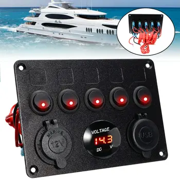 

12V 24V 5 Gang LED Rocker Switch Panel ON-OFF Toggle 2 USB Waterproof Electrical Circuit Breaker For Marine RV Boat Truck-Camper