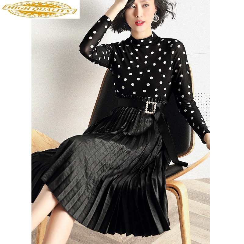 Lente Herfst Geplooide Jurk Vrouwen Midi Polka Dot Jurk Elegant Casual Lange Mouwen Vrouwen Jurken Koreaanse Vestido Mujer KJ1780 Lente Herfst Geplooide Jurk Vrouwen Midi Polka Dot Jurk Elegant Casual Lange Mouwen Vrouwen Jurken Koreaanse Vestido Mujer KJ1780