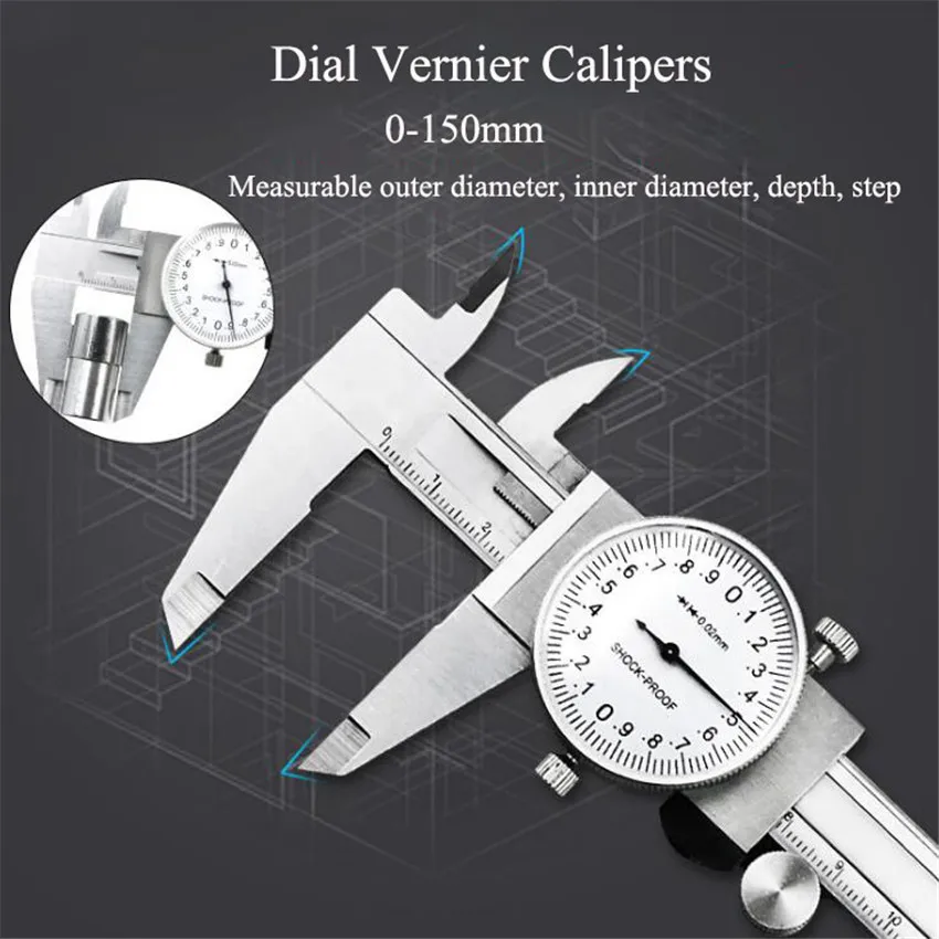 0150mm Shockproof Dial Calipers High Precision Vernier Caliper Outer/Inner Diameter Step