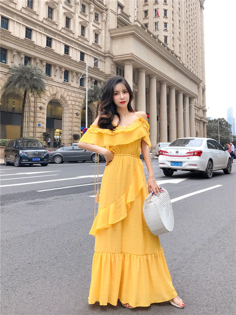 

2019 New Streetwear Vintage Gothic Women Lotus Edge Sling Dress Summer Backless Hollow Out Yellow Female Fashion Sexy Dress