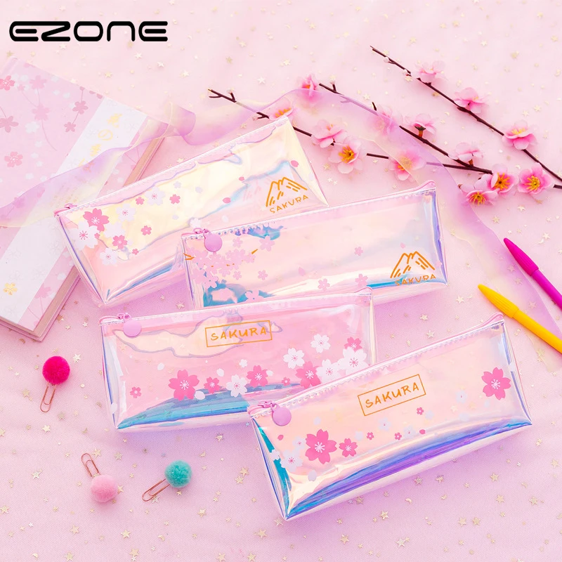 

EZONE PVC Transparent Jelly Color Pen Bag Zipper Design Pencil Bag Pink Girls Likes Stationery Korean Students Stationery Bag