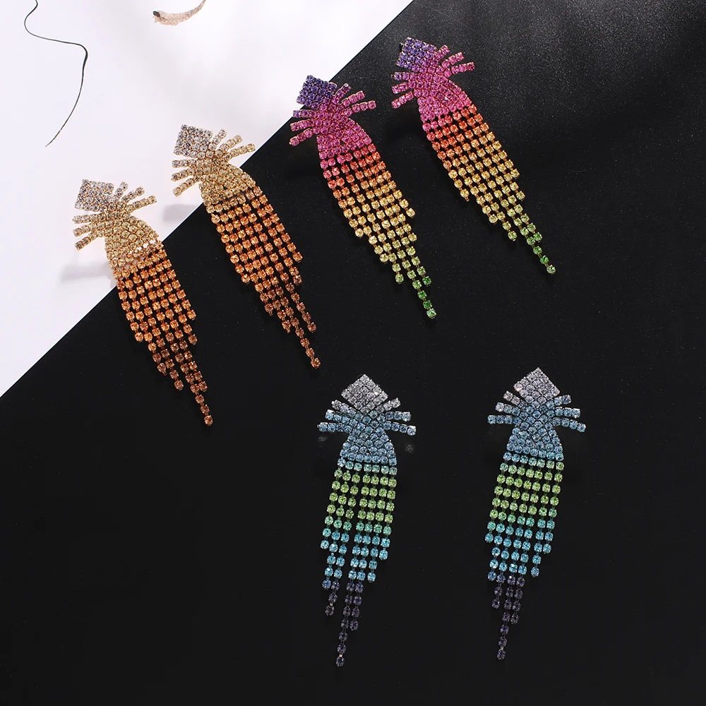 

Shiny Colorful Crystal Long Drop Earrings For Women Brides Classic tassel Dangle Earring Wedding Party Jewelry Gift E777