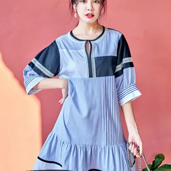 

XUXI 2020 Summer South Korea Can Send Turn Hit Necklace Blue Dress Women New Lighthouse Half Sleeve Smoke Stripe Dress FZ1039