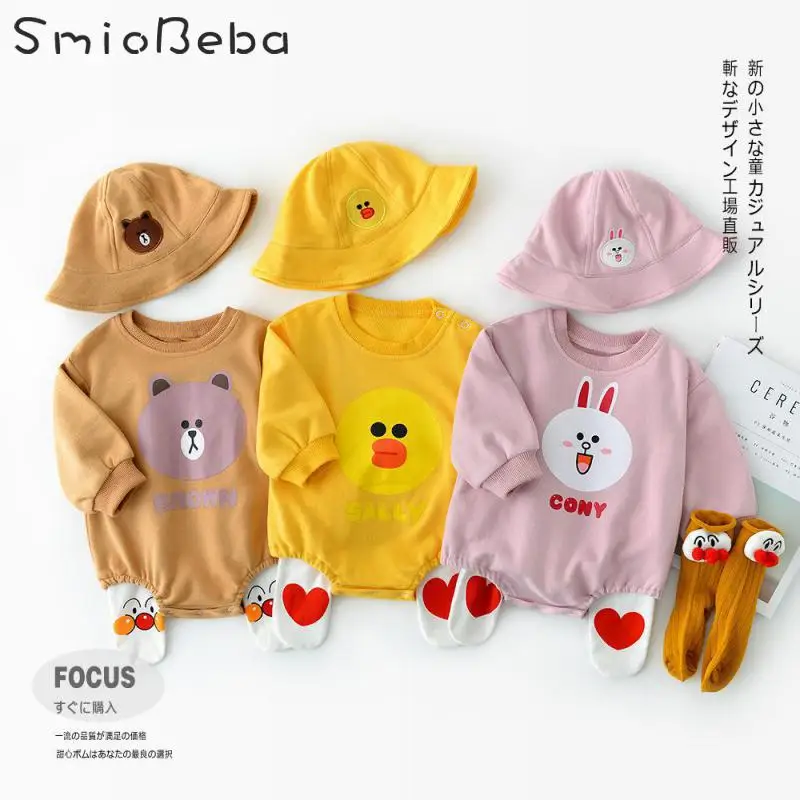 

Autumn Newborn Bear Pattern Rompers With Hats Baby Cartoon Animal Printed Long Sleeved Hats Unisex Infant Little Girls Jumpsuits