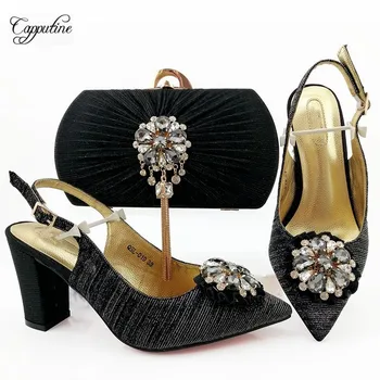 

High Class Black With Crsystal Stones High Heel Pointed Toe Shoes And Purse Bag Set QSL019 Heel Height 9CM