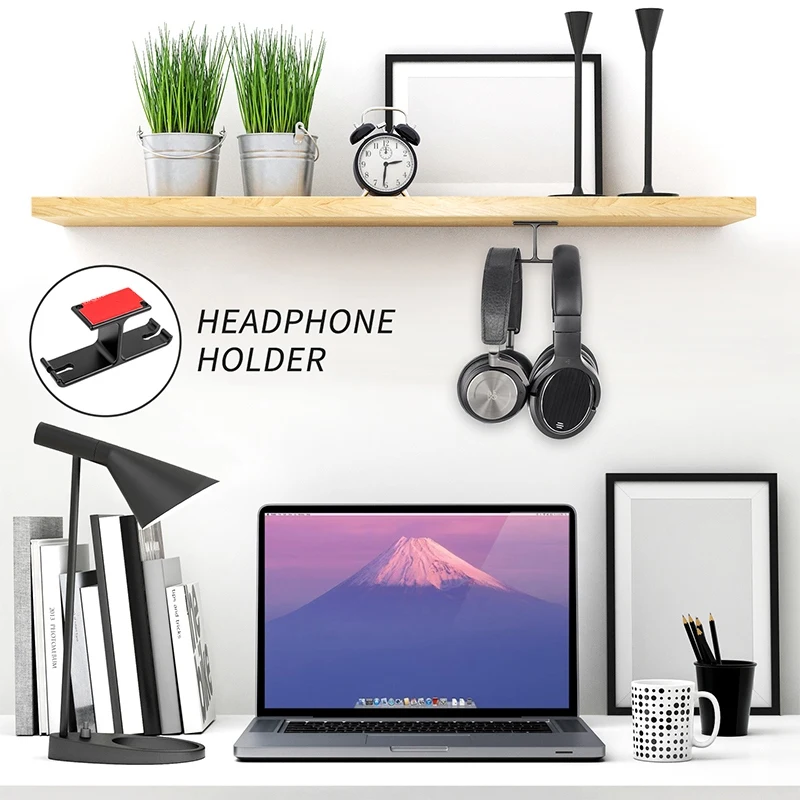 Portable Dual Headphone Mount Under Desk Headset Holder Aluminum Earphone Hanger Hook With Cable Organizer Accessories