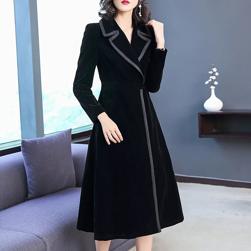 Бархатное Женское Платье Блейзер осень зима длинный рукав элегантное винтажное черное платье костюм куртка Vestidos размера плюс XXL