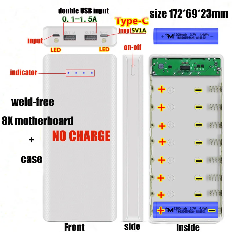 Type-c 6s 8S* 18650 чехол с держателем для аккумулятора с двумя usb-портами зарядное устройство для мобильного телефона Сделай Сам Зарядка чехол для хранения MP3 MP4 - Цвет: 8X