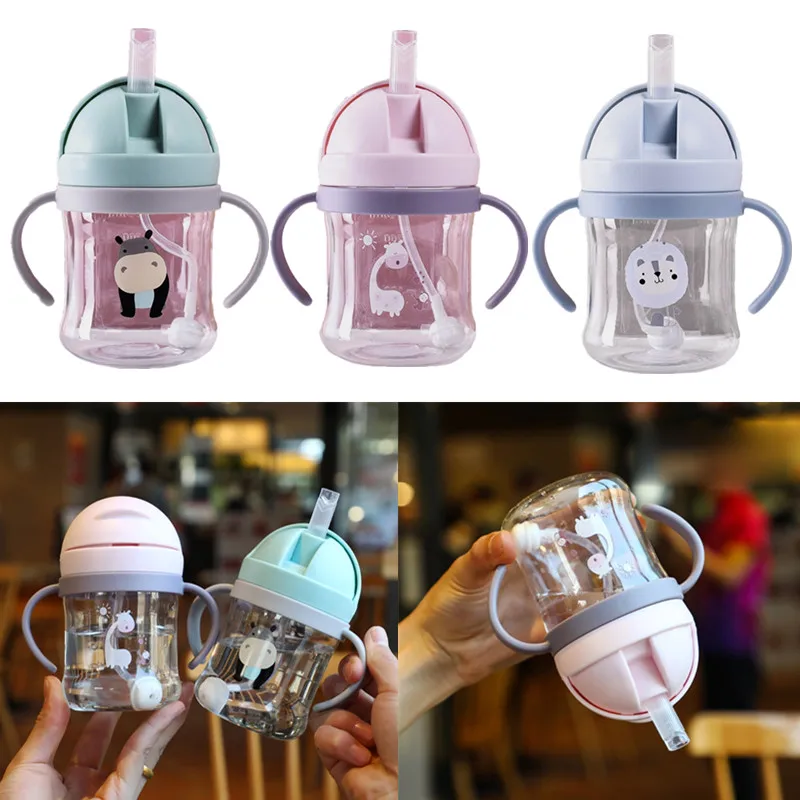 Baby Feeding Bottle Kids Cup Silicone Sippy Children Leakproof Drinking Cups  Cartoon Infant Straw Handle Drinkware