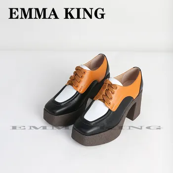 

Platforms Ankle Boot Brown Square Toe Women Genuine Leather Runway Shoes Femme Multicolor stitching High Heel Lace up Pump Mujer