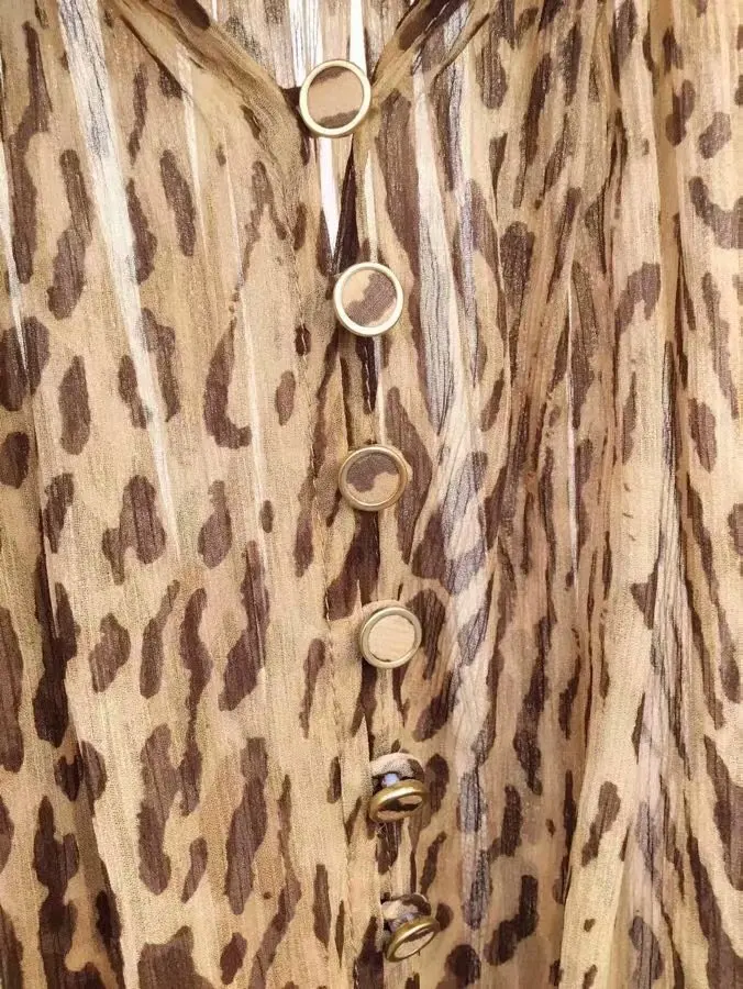 10.6 Silk Women's New Leopard Sexy Silk Vintage Long sleeve Lacing Bow Tie Loose Buttoned Shirt