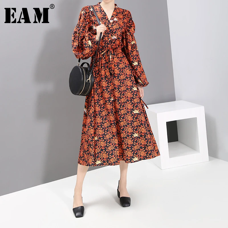 

[EAM] Women Orange Pattern Printed Bandage Dress New V-Neck Long Lantern Sleeve Loose Fit Fashion Tide Spring Autumn 2019 1B720