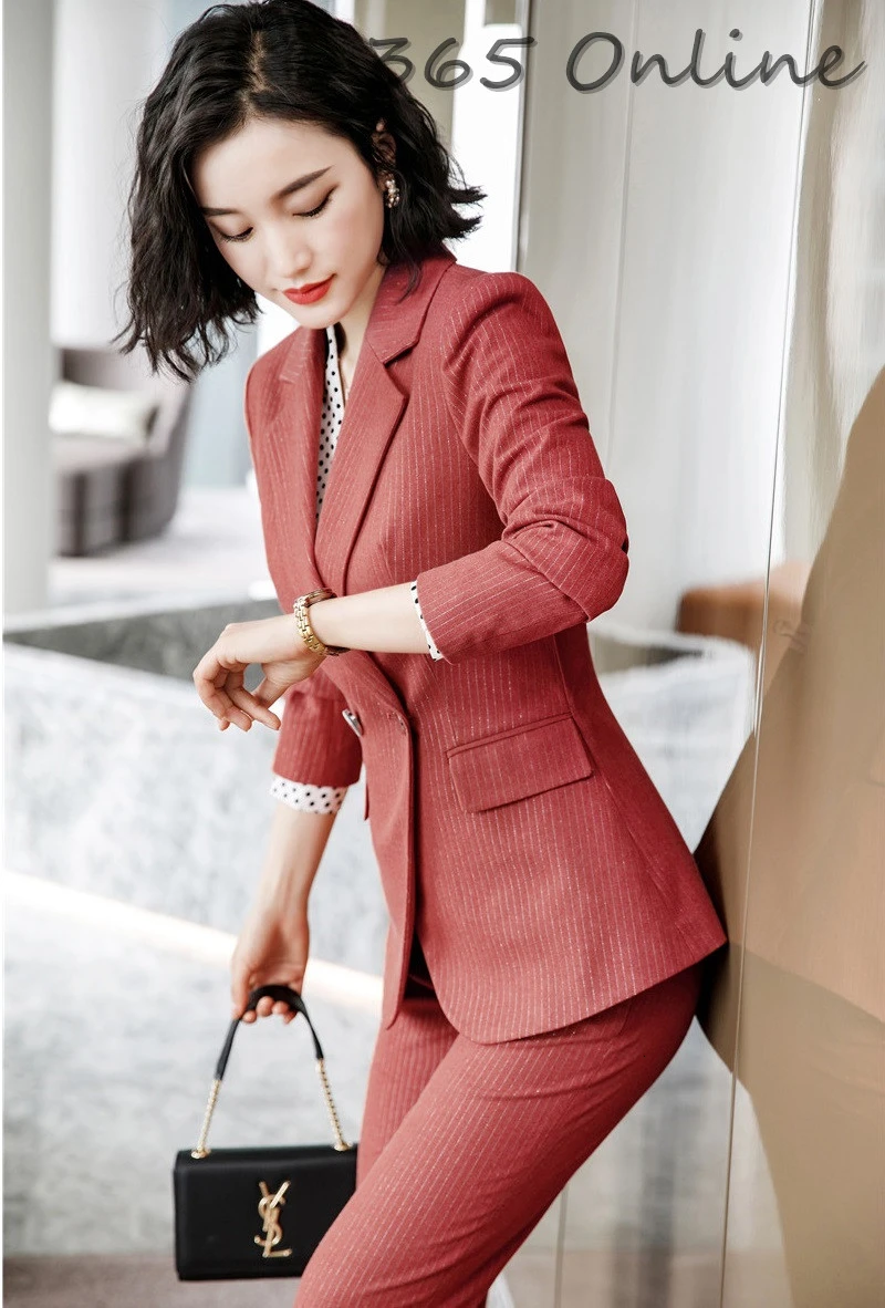 

Fashion Striped Women Business Suits with Pants and Jackets Coat High Quality Fabric OL Styles Blazers Ladies Office Pants Suits