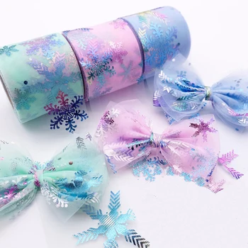 

5yards/lot 60mm Colorful Snowflake Print Tulle Stain Ribbon for DIY Crafts Hair Accessories Handmade Materials Gift Box Ribbons