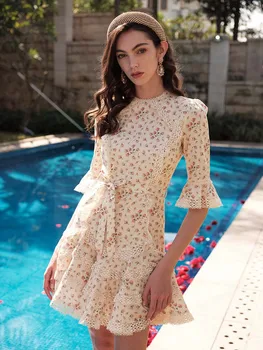 

EASYSMALL ZIMMER Women dress Flared Sleeve Retro Floral high-end party evening streetwear High Waist sleeveless Dresses