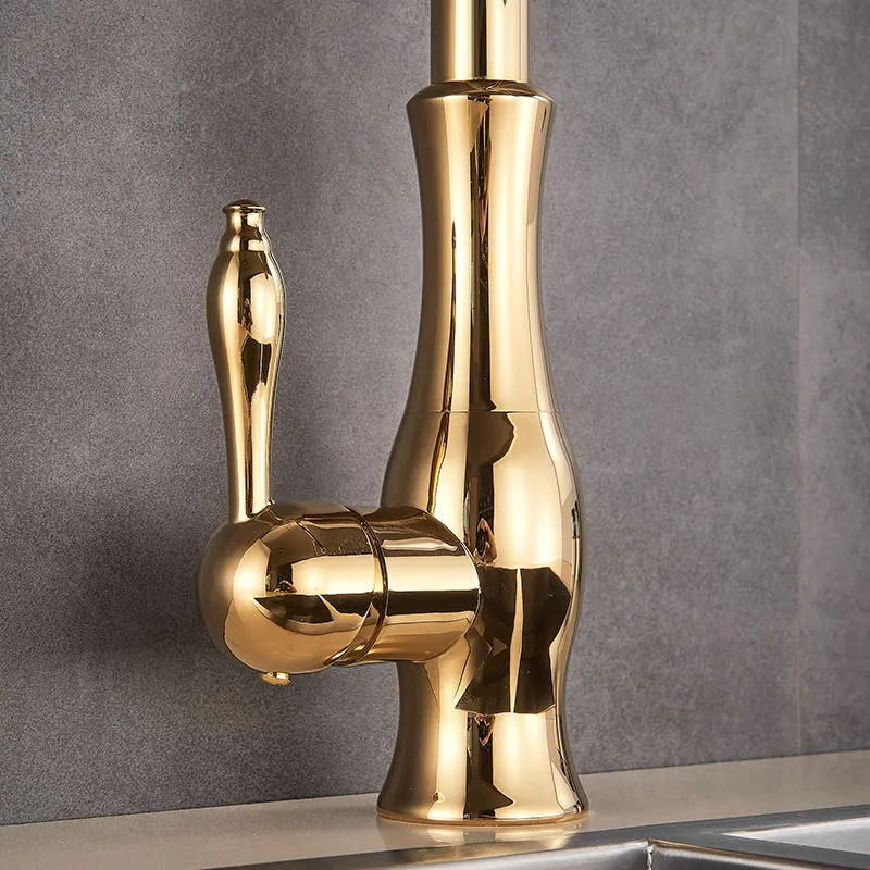 Golden Kitchen Faucets Pull Out Mixer Sink Tap 360 Rotation Single Handle Water 2-way Sprayer Mixer Tap