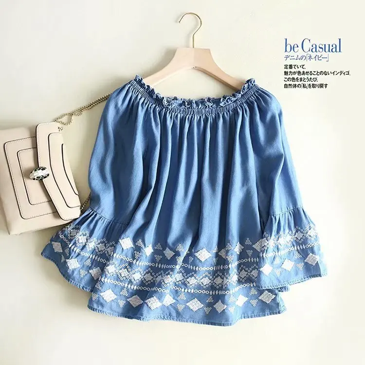 

Horizontal Neck Tencel Short Shirt Female Spring New Style Literature And Art Embroidered Loose-Fit Bell Sleeve Cowboy GIRL'S Sh