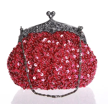 

Women Shining Elegant Handbag Sequin Manual Beaded Sparking Cluch Purse Luxury Evening Bag Metal Frame Chian Strap Shoulder Bag