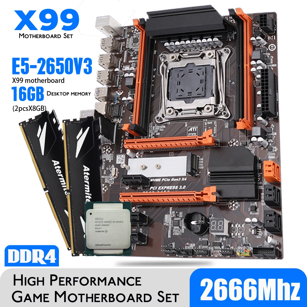 Atermiter X99 Turbo DDR4 D4 Motherboard Set With Xeon E5 2650 V3 LGA2011-3 CPU 2pcs X 8GB = 16GB 2666MHz Desktop Memory motherboard pc