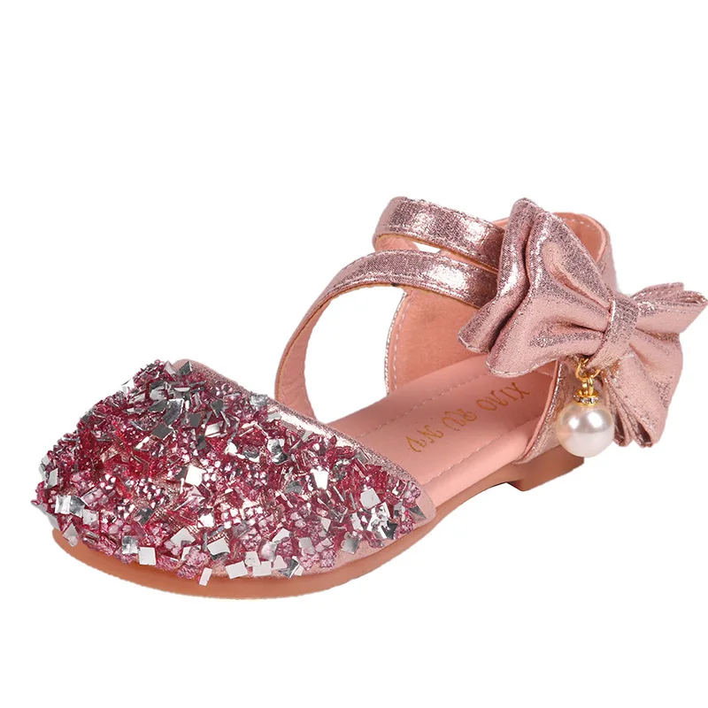 ULKNN Fashion Children Bowtie Sequins Rhinestone Sandals Princess Girls Big Kids Leather Soft Bottom Beach Shoes 3-12 Years