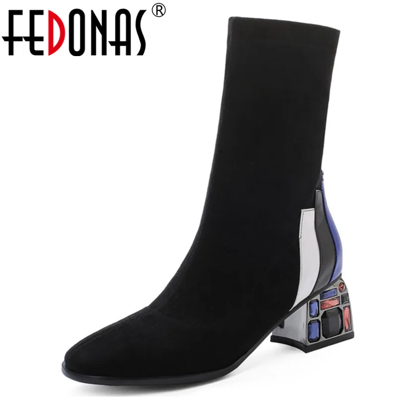 FEDONAS Модные женские ботинки из флока женская обувь на высоком каблуке