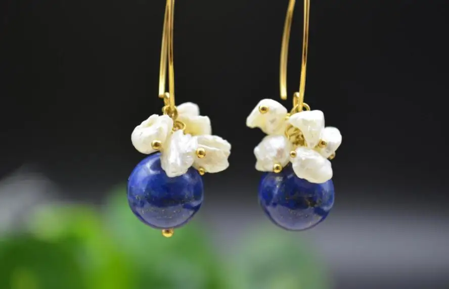 

New Classic Favorite Pearl Earrings White Baroque Freshwater Pearls Lapis s925 Silver Unique Fine Jewelry Charming Women Gift