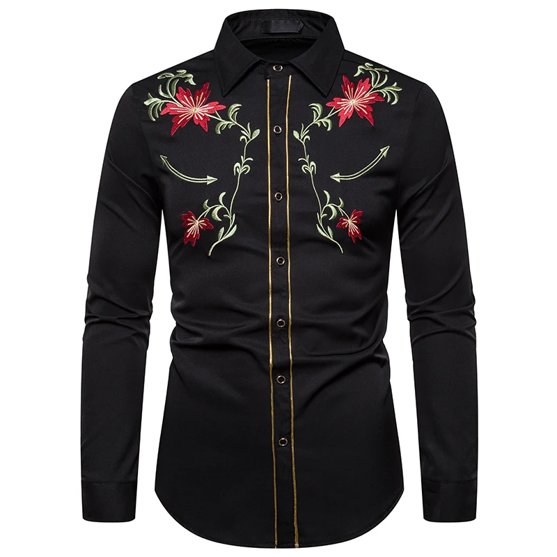 Мужская джинсовая Модная рубашка с вышивкой в западном стиле, Тонкая Повседневная рубашка с длинным рукавом на пуговицах, Мужская модная рубашка в национальном стиле, S-XXL - Цвет: A54-Black