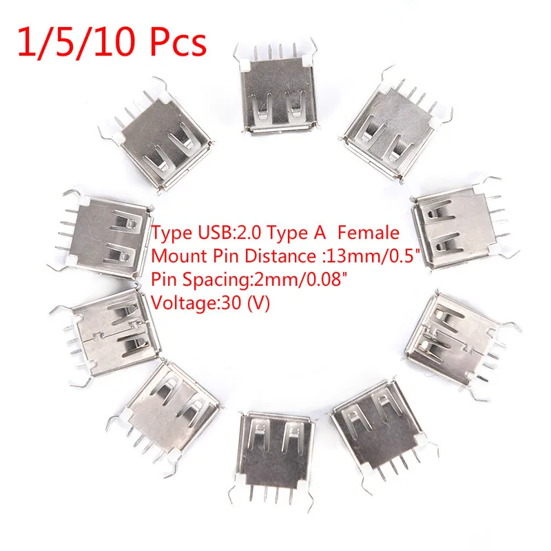 

1/5/10 Pcs USB 2.0 Type A Female Vertical Socket Connector 180 Degrees 4 Pin Plug Jack Connectors 13mm 30V