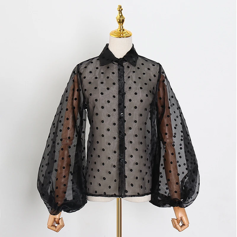 Tanie TWOTWINSTYLE Vintage Polka Dot długi rękaw bufka damskie topy i bluzki Plus rozmiar zwiewne koszule 2019 letnie ubrania damskie koreański