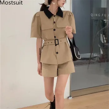 

2020 Summer Korean Vintage Overalls Two Piece Sets Women Short Sleeve Belted Shirt + Shorts Suits Fashion Solid Cool Sets Outfit