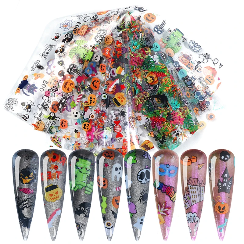 

10 Pcs/Pack Halloween Series Nail Foils Stickers Mixed Pattern Pumpkin Decals Transfer Stickers DIY Nail Art Decoration Tool