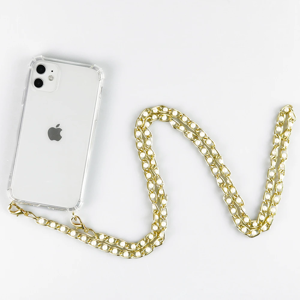 Luxury Transparent Pearl Strap Chain Necklace Cell Phone Case For iPhone 12 SE 2 XR XS 7 8 P 11 pro Soft Cover with Metal Chain iphone 8 plus phone case