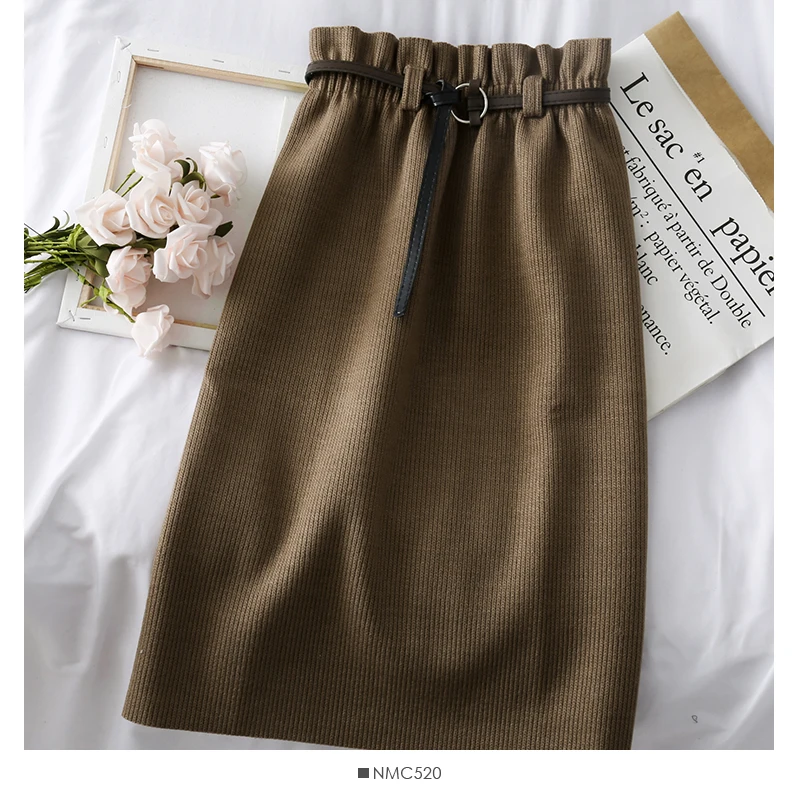 Mooirue, женские вязаные юбки с высокой талией, с поясом, осень, винтажные трапециевидные уличные юбки в стиле Харадзюку, базовые юбки в Корейском стиле