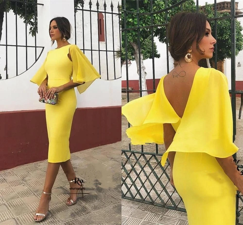 long sleeve prom dresses Yellow Short Prom Dresses Sheath Backless Flutter Sleeve Tea Length Chiffon Midi Party Dress vestidos elegantes para mujer sage green prom dress