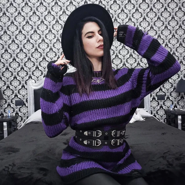 Punk Gothic długi Unisex sweter 2021 lato kobiety paski fajne Hollow Out Hole Broken Jumper Loose Rock cienki ciemny Streetwear Top 5