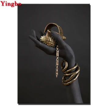 

5D Full Square Round Diamond Painting Black Woman Hand With Gold Jewelry Diamond Embroidery Cross Stitch Rhinestones Decor