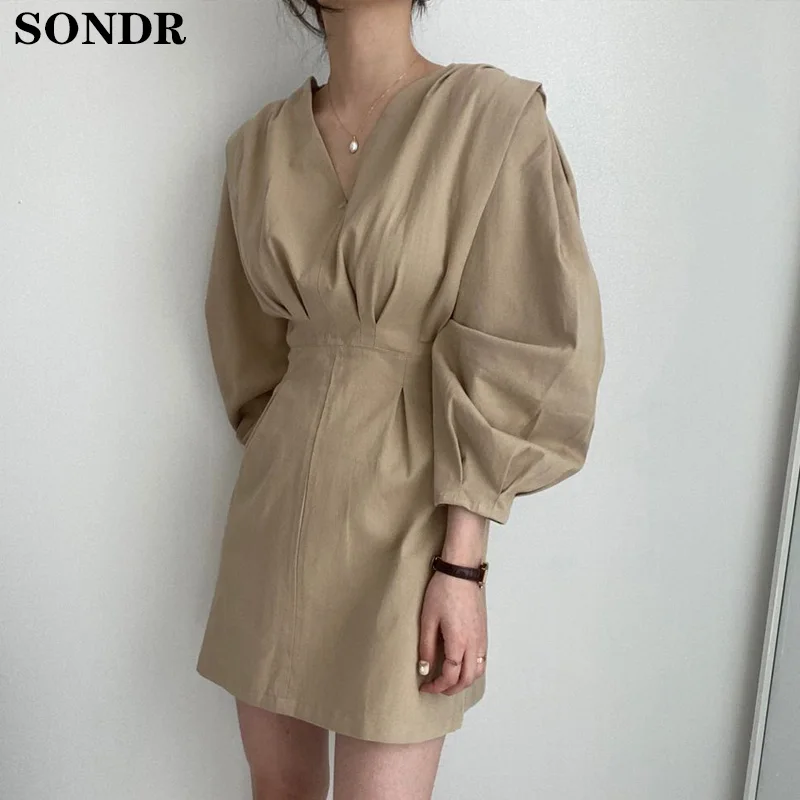 

2020 Autumn Elegant Dress Korean Long Sleeve Cotton Mini Women Dress Female Vintage Sexy V-Neck Loose Dress Robe Vestido De Muje