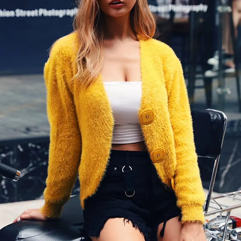 

Women Autumn V Neck Cardigan Female Yellow Button Loose Sweater Winter Solid Color Casual Hippocampus Knitwear Lazy Coat jacket