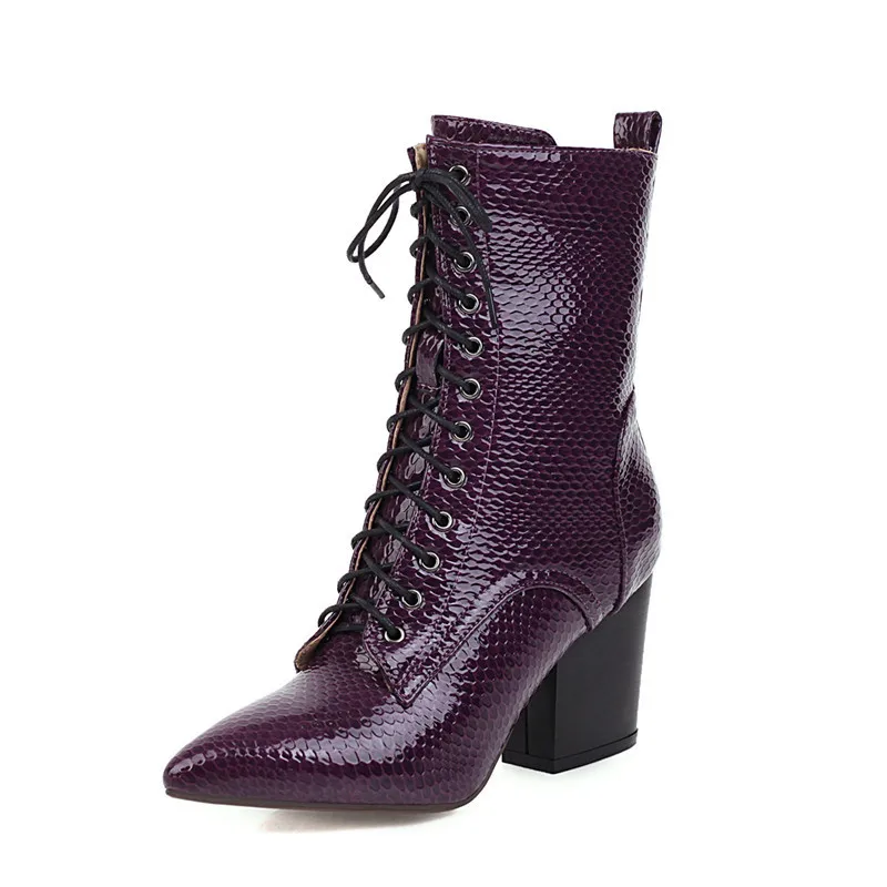 MORAZORA/ г. Большой размер 34-43, зимние женские ботинки модные ботинки на высоком каблуке со шнуровкой Женские однотонные ботильоны на толстом каблуке - Цвет: Фиолетовый