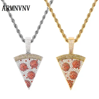 

ARMNVNV Iced Out Pizza Pendant&Necklace Gold Silver Color Micro Paved Cubic Zircon Hip Hop Jewelry Gift For Men Women