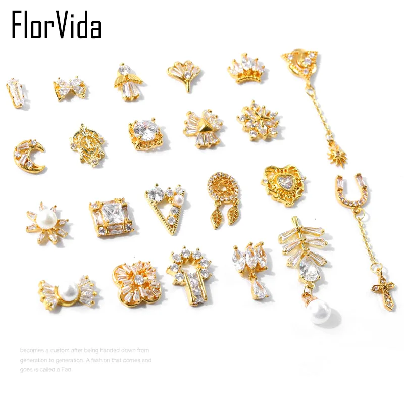 

FlorVida 1pc 3D Nail Art Gems Gold Strass With Rhinestones Decorations Metal Chain Manicure Stones Crystal Sparkly Zircon