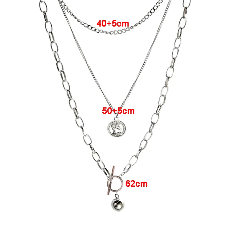 1set Trendy Metal Ball Coin Pendant Multi-layer Punk Casual Design Long Chain Necklace Jewelry Gifts For Women Men