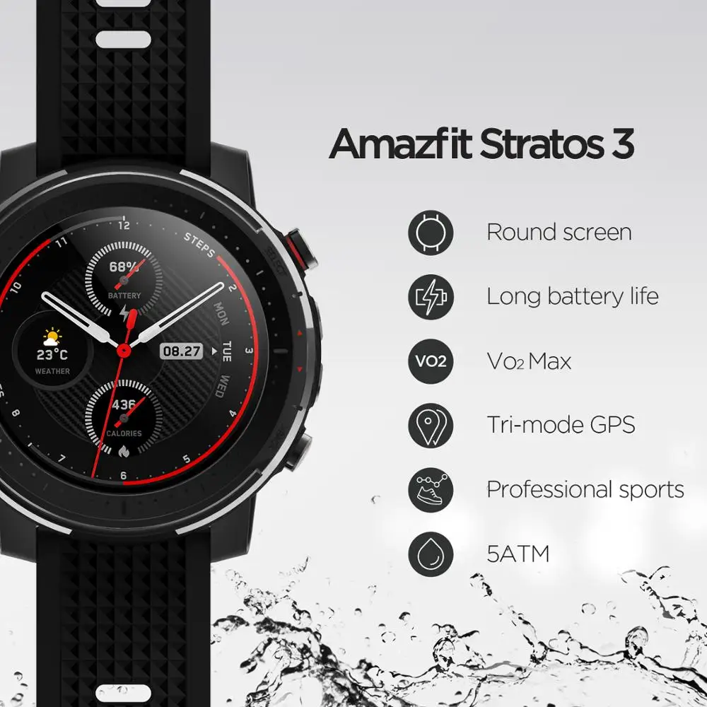 Новые мужские Смарт-часы Amazfit Stratos 3, gps, 1,34 дюйма, 14 дней, батарея, 19 спортивных режимов, 5 АТМ, плавательная музыка, двойной режим, умные часы