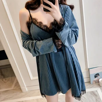 

Winter Women Obe Gown Set Velvet Autumn Sexy Lace Sling 2 Peices Women Sleepwear Indoor Bathrobe Clothing Long Sleeve