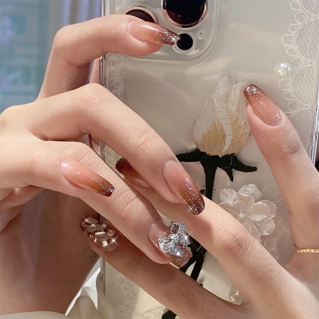 Detachable Jelly Gradient with design False Nails Wearable Ballerina Coffin Fake Nails Full Cover Nail Tips Press On Nails