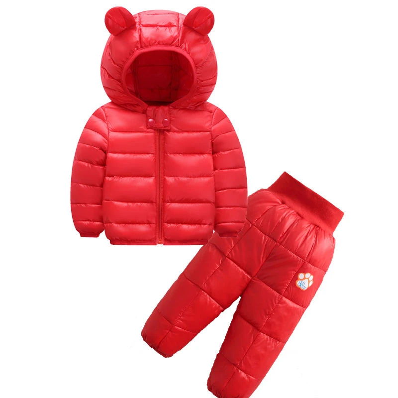 Комплекты плотной одежды для девочек модные зимние детские теплые толстовки с капюшоном+ штаны, 2 предмета, спортивные костюмы для маленьких девочек, модные детские зимние костюмы - Цвет: Красный