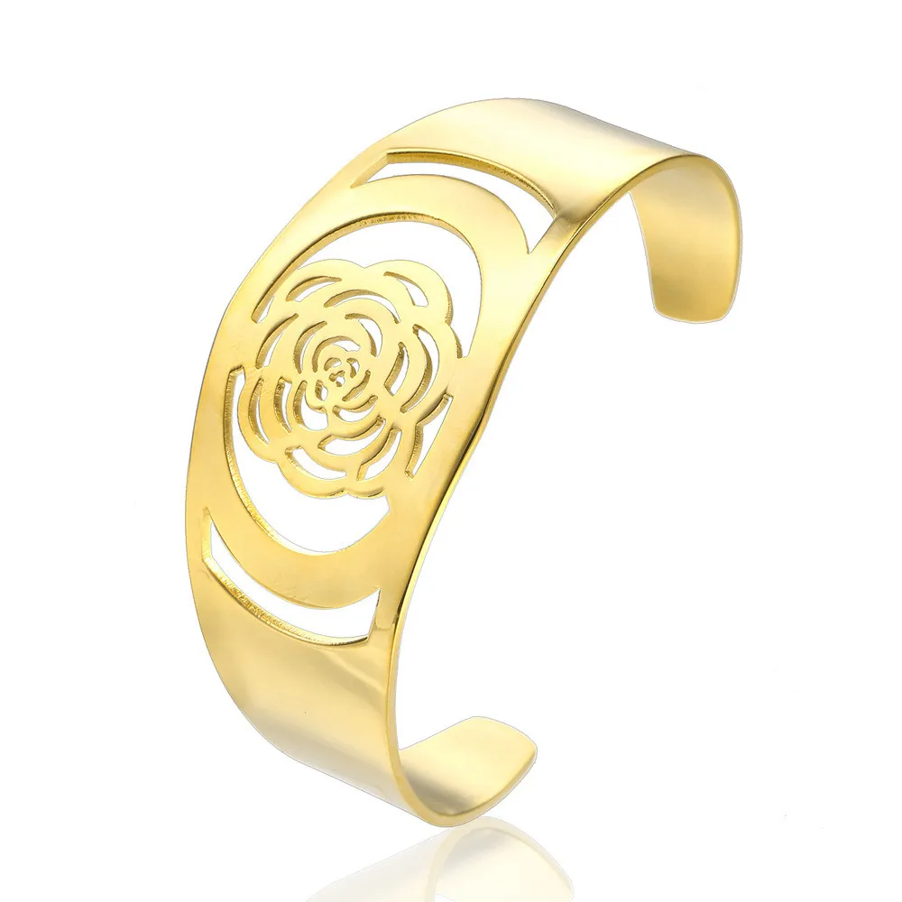

Hollow Rose Flower Open Bangle Bracelet for Women Stainless Steel Fashion Gold Silver Color Wrist Adjustable Bracelets Bangle