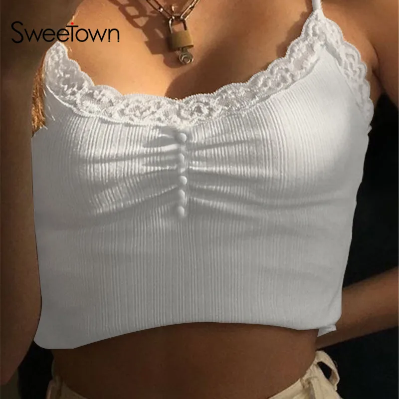 Sweetown Streetwear Lace Patchwork Summer Solid White Tank Top Women Home Fashion Leisure Outfit Casual Crop Tops Kawaii Clothes 1
