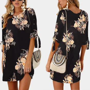 

S-5xl Plus Size Summer Dress 2020 O Neck Half Sleeve Tie-up Floral Print Chiffon Dress Female Casual Loose Straight Mini Dresses