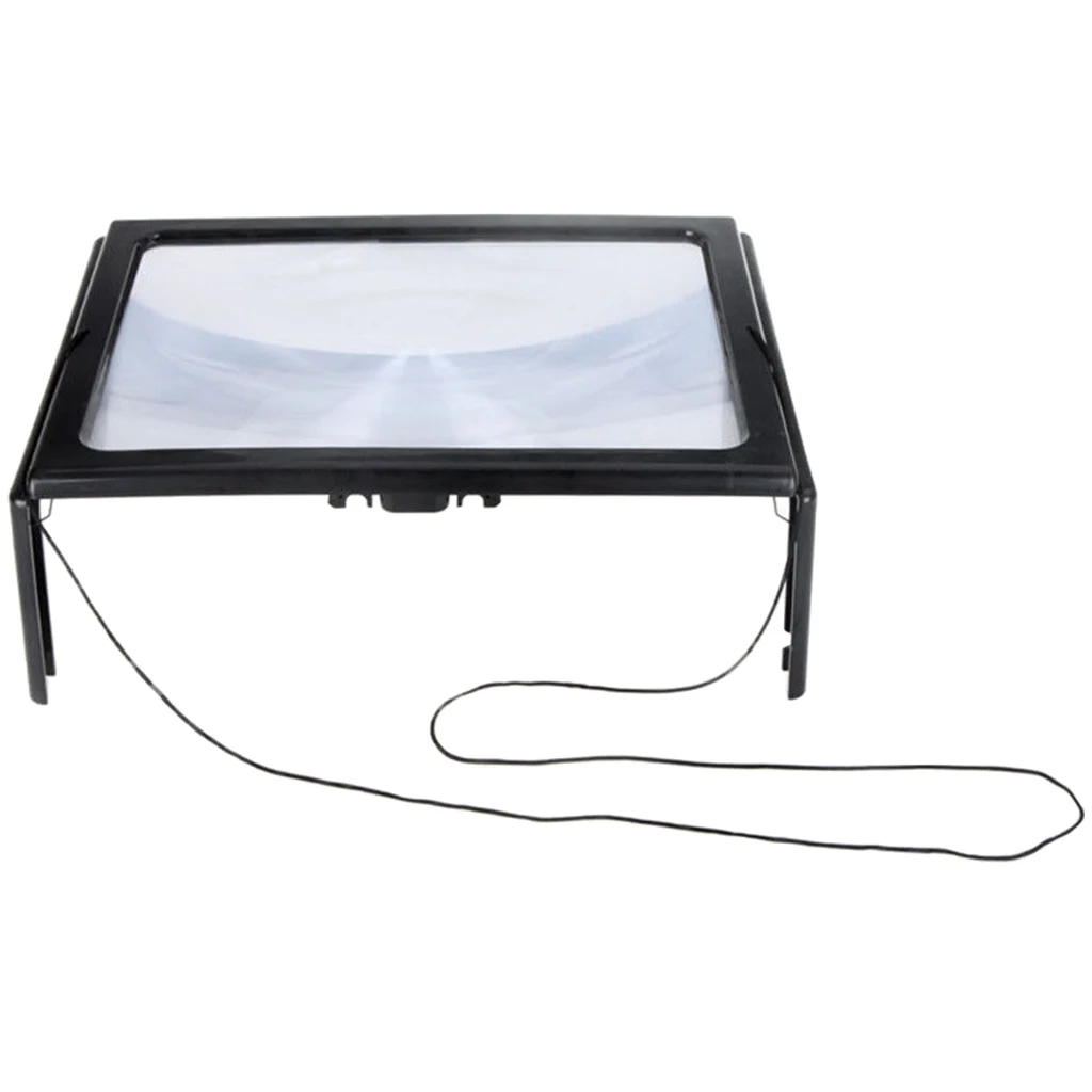 Full Page Magnifying Glass with 4 LED Lights and Foldable Legs - 3x Len - Large Rectangular Magnifier for Desktop Reading
